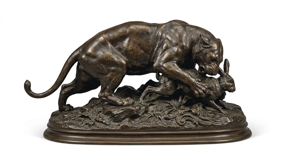 Cast Iron Group: Cast iron group depicting a feline attacking a hare on an oval rockery terrace. H: 32