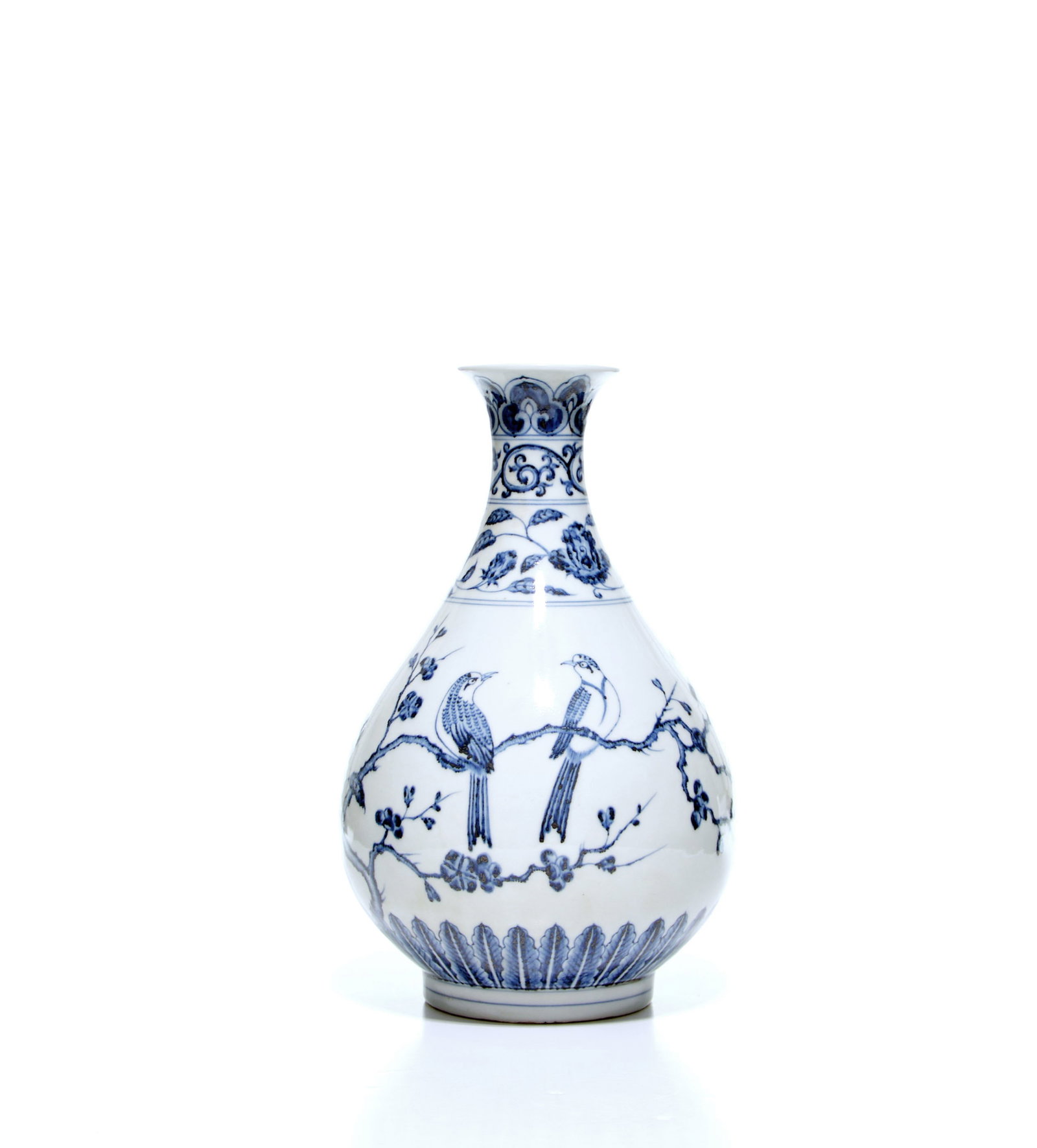 Very Fine Chinese Blue and White Yuhuchun Vase: The pear-shaped porcelain vase is painted in underglaze blue with birds perched amid flowering and fruiting branches, beneath floral sprays at the shoulder and scrollwork bands at the waisted neck. Th