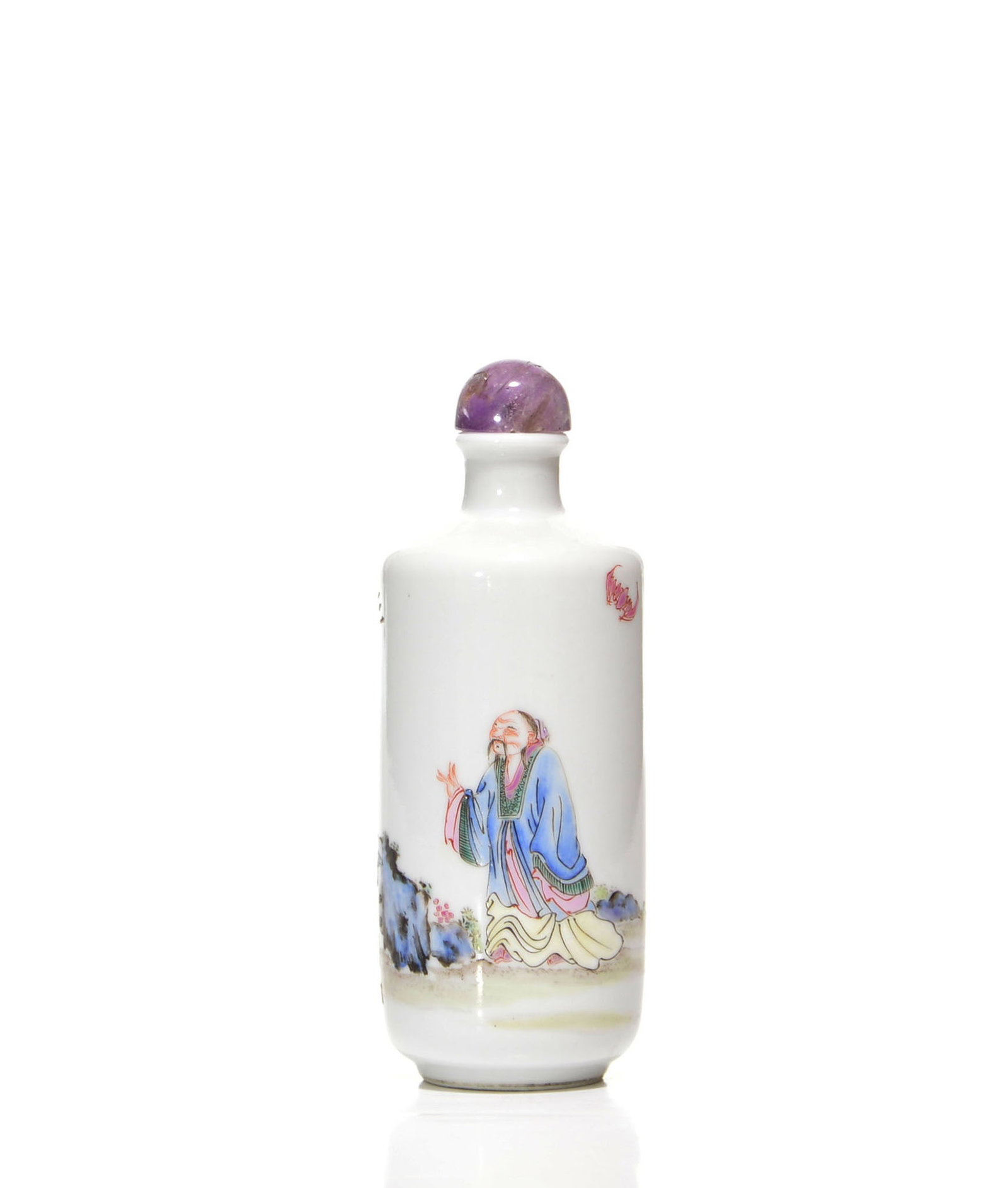 Chinese Famille Rose Porcelain Snuff Bottle: Of cylindrical form with a short waisted neck, the white-glazed body is enamelled with a bearded scholar in a landscape, scattered butterflies and birds. It is fitted with a domed purple hardstone sto