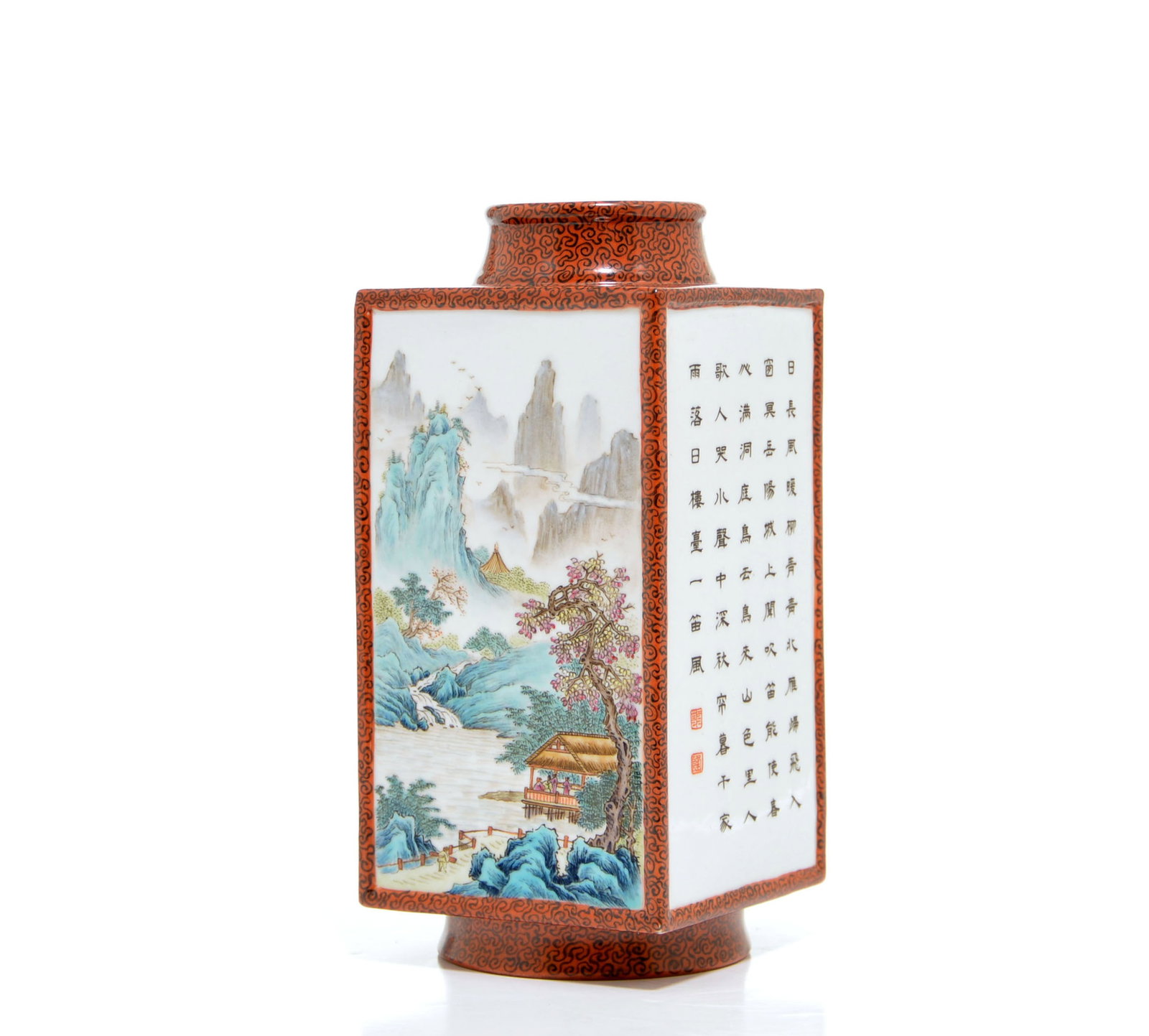 Rare Chinese Famille-Rose Square Vase: A square-section porcelain vase with a cylindrical neck and splayed circular foot, decorated overall with black scrollwork on an iron-red ground. The sides are reserved with panels of a mountainous