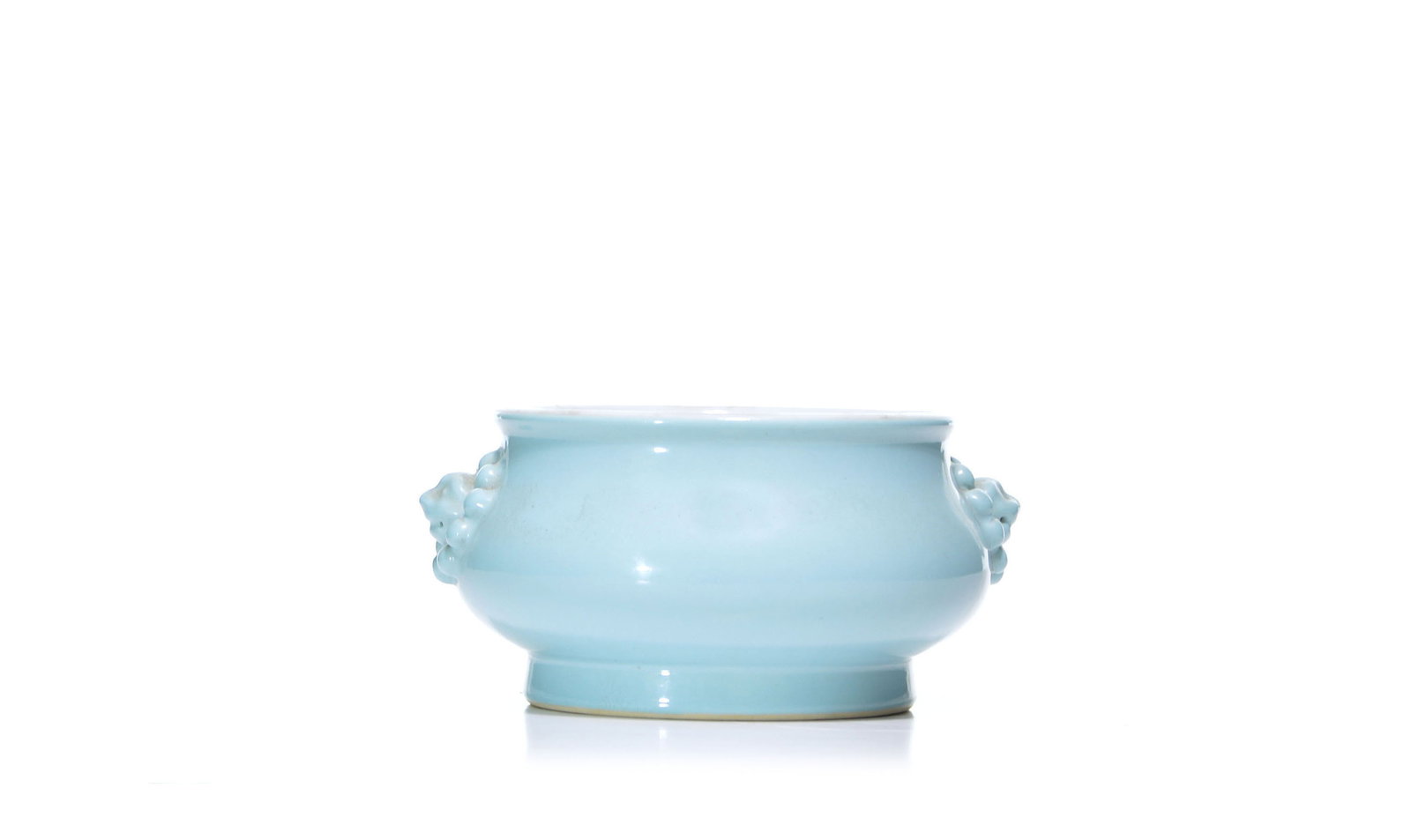 Chinese Blue Enamel Incense Burner: The burner is potted with a compressed globular body rising from a straight foot to a flared rim, and is set with applied floral-scroll handles. It is covered overall in a pale blue enamel; Yongzheng 