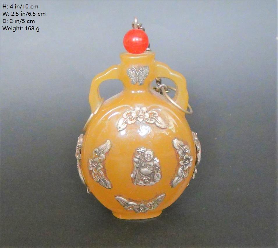 RARE CHINESE ANTIQUE SNUFF BOTTLE OVERLAID SIVER BUDDHA (1 of 13)