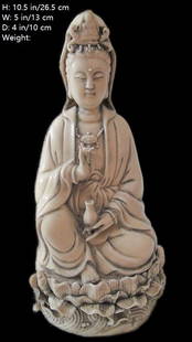 CHINESE PORCELAN DE HUA GUAN YIN MING DYN HE CHAO ZONG: THIS ITEM H: 10.5 in/26.5 cm W: 5 in/13 cm D: 4 in/10 cm Weight: FEATURES 1. The statue is in a very nice shape. 2. Marked DE HUA/ and HE CHAO ZONG. 3. Collectable. SHIPPING 1. The liste