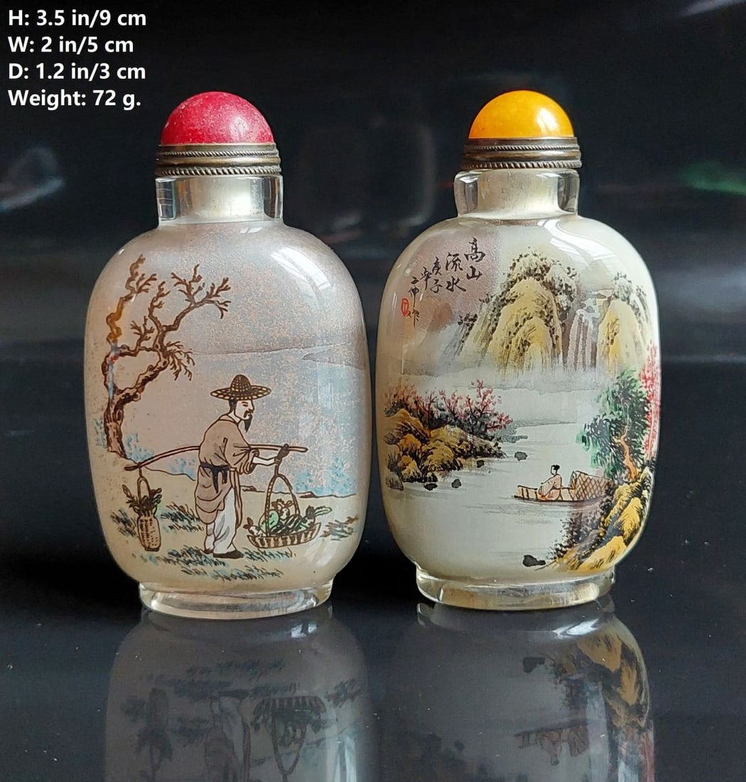 3281 PAIR OF CHINESE ANTIQUE PEKING GLASS INSIDE-PAINTED SIGNED YE ZHONGSAN DING ERZHONG: THIS ITEM H: 3.5 in/9 cm W: 2 in/5 cm D: 1.2 in/3 cm Weight: 72 g/each. FEATURES 1. Inside painted historical stories: (Wang) XI ZHI AI Eï¼ˆWang Xi Zhi loves gooses; GAO SHAN LIU SHUI YU ZHI YIN e