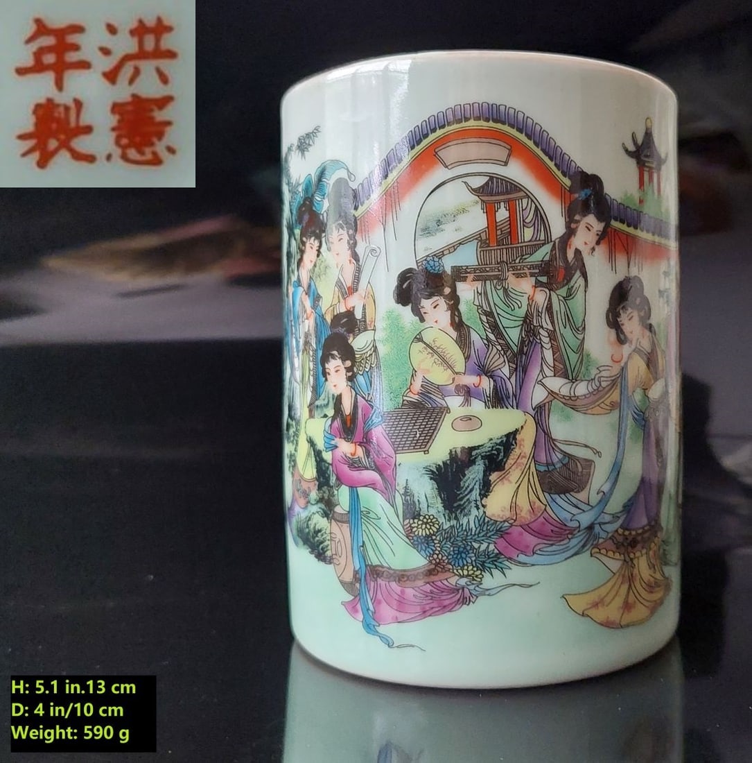 CHINESE VINTAGE BRUSH POT HOLDER HAND PAINTED EIGHT BEAUTFUL LADIES (1 of 11)