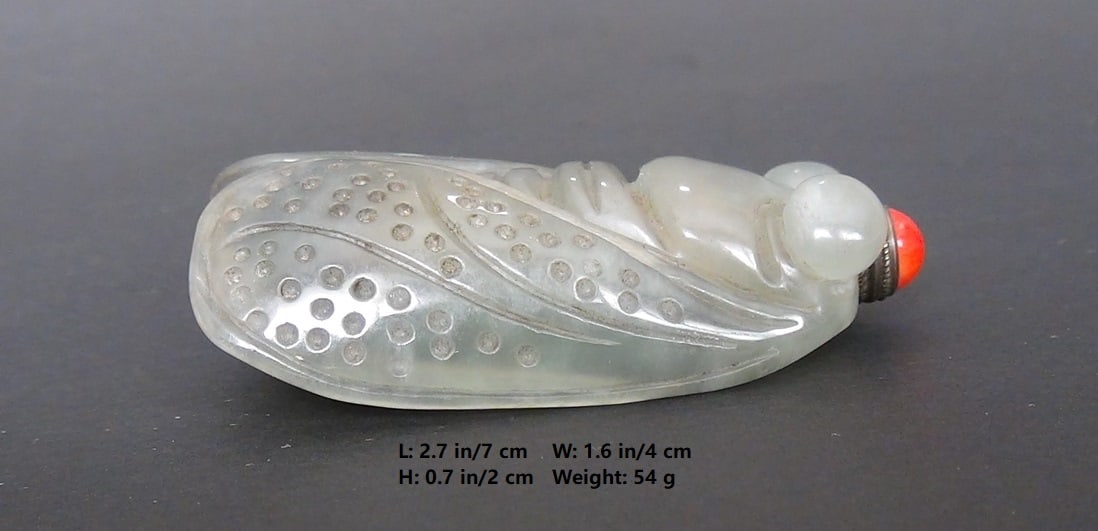 OLD CHINESE HETIAN JADE SNUFF BOTTLE CICADA (1 of 14)