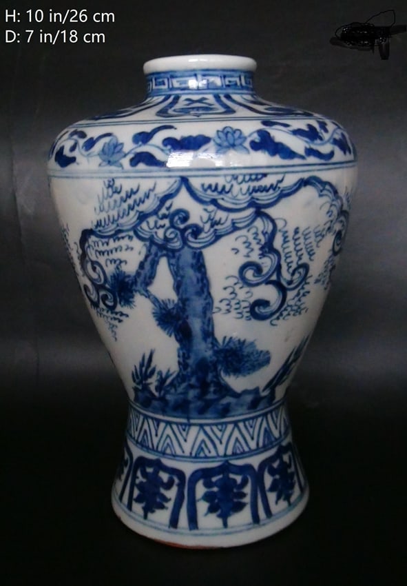 CHINESE ANTIQUE WHITE BLUE PORCELAIN KIREN PLUM VASE: THIS ITEM H: 10 in/26 cm w: 7 in/18 cm D: 7 in/ 18 cm FEATURES 1. Hand painted. 2. It was used as a table lamp, so there is a hole on the button. 3. Old.