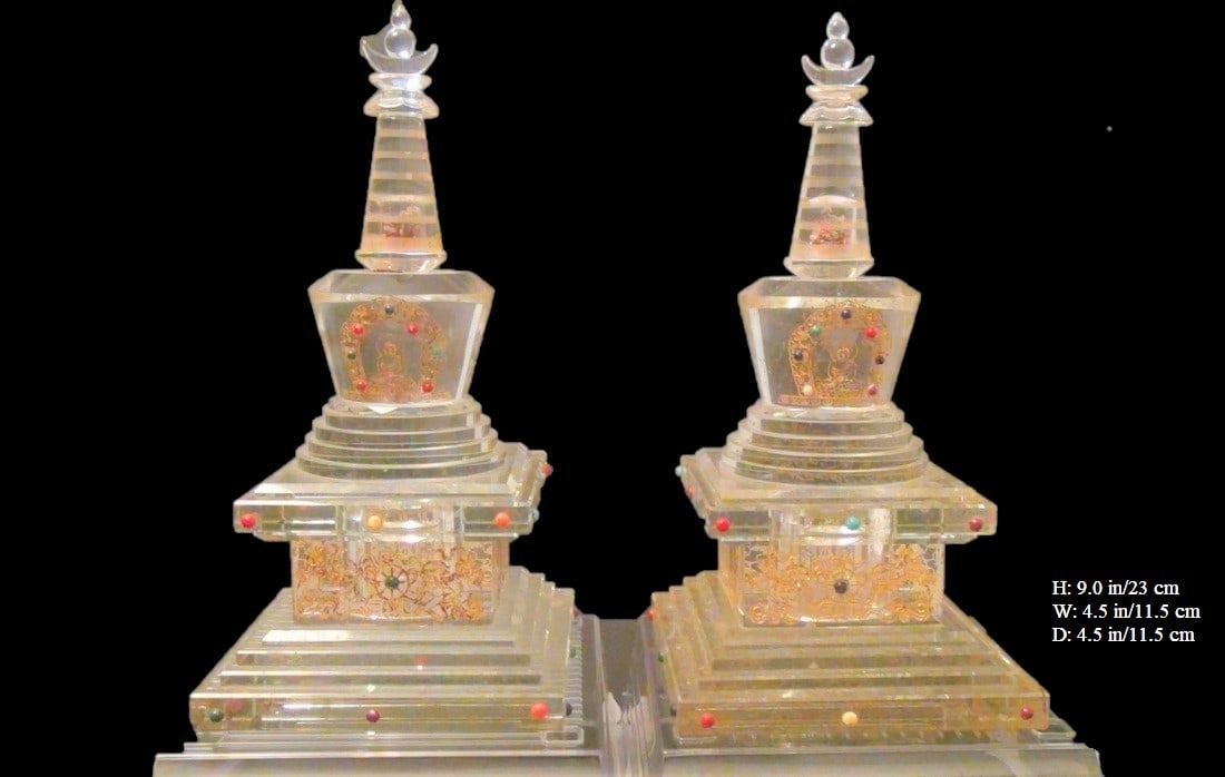 Pair of Chinese Antique Buddhist Cristal Glass Tower: THIS ITEM H: 9 in/23 cm W: 4.5 in/11.5 cm D: 4.5 in/11.5 cm Weight: FEATURES 1. Rare! The images of Buddha, flowers and other decorations were highlighted with golden color, and they were also decora