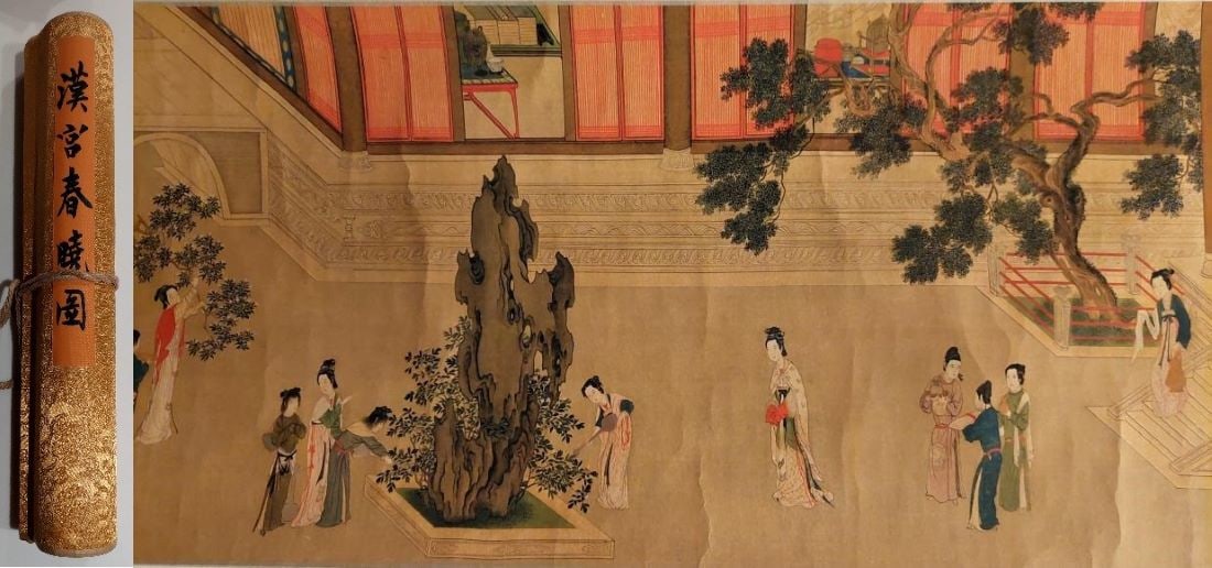 LONG SCROLL OF CHINESE PAINTING THE SPRING DAWN IN THE HAN PALACE BY: THIS ITEM L: 86 in/220 cm W/H: 12 in/30 cm Weight: 263 g. FEATURES 1. Signed Chou Ying. 2. Chou Ying: 1494??1552. Famous calligrapher and painter in the Ming Dynasty. 3. Duplicated, not the original.