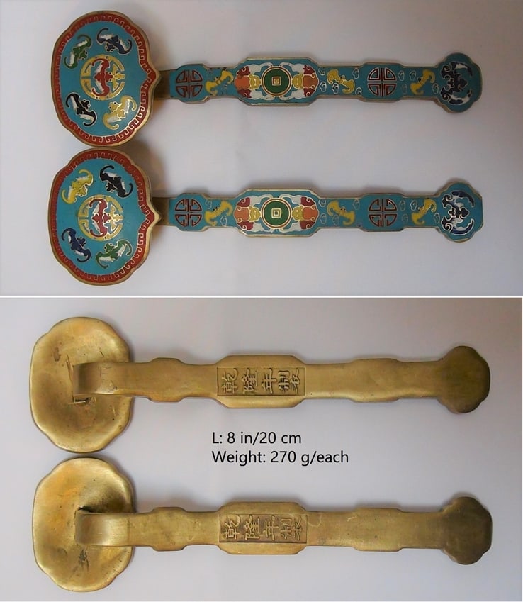 CHINESE ANTIQUE COPPER ENAMEL RU YI QIANG LONG: THIS ITEM L:8 in/20 cm Weight/each: 270 g FEATURES 1. Marked QIAN LONG NIAN ZHI (Qian Long Nian: 1736-1796). 2. Hand painted and carved bats symbolizing happiness, coins symbolizing wealthy, and the