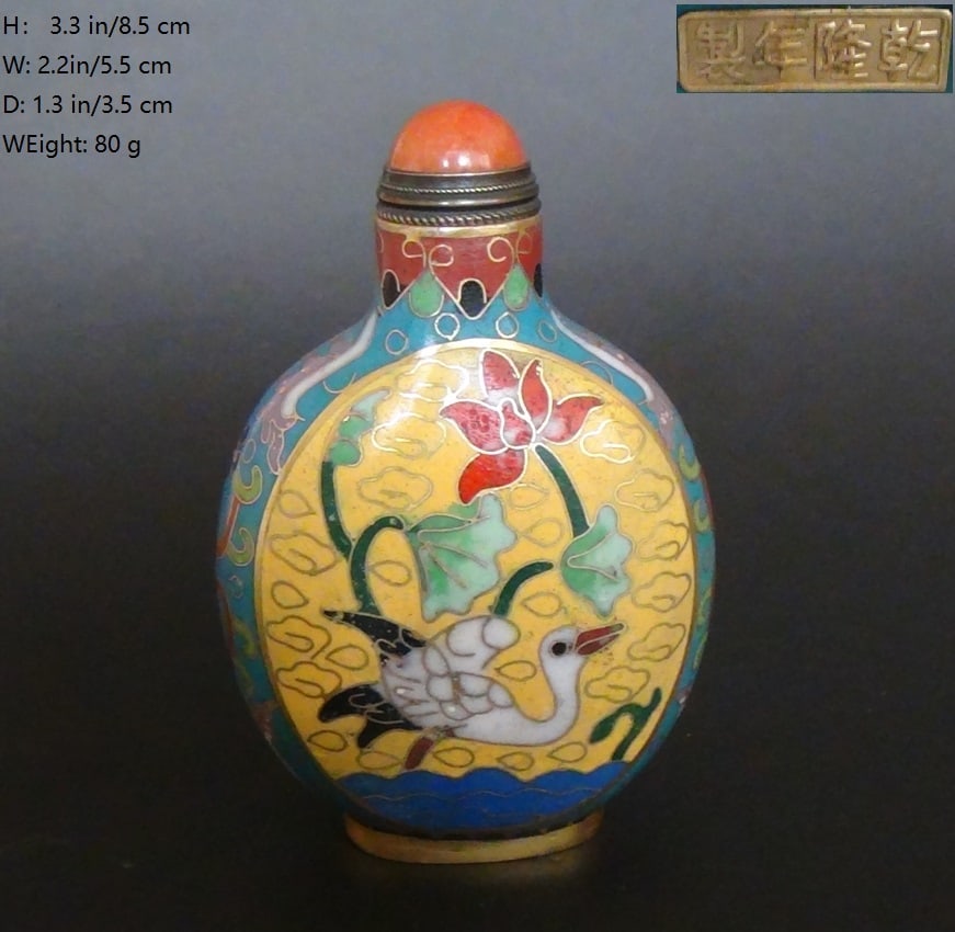 CHINESE ANTIQUE BRASS CLOISONNE ENAMEL SNUFF BOTTLE: THIS ITEM H:3.3 in/8.5 cm W: 2.2 in/5.5 cm D: 1.3 in/3.5 cm Weight: 80 g FEATURES 1. Marked QIAN LONG NIAN ZHI:1736-1796. 2.Hand painted. 3. Old.