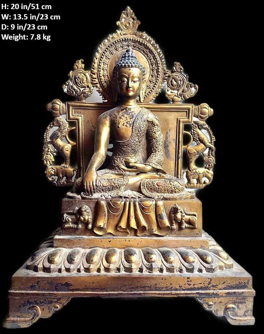 Spper-LARGE CHINESE ANTIQUE GILT BRONZE BUDDHA QIAN LONG: THIS ITEM H: 20 in/51 cm W: 13.5 in/34 cm D: 9 in/23 cm Weight: 7.8 kg FEATURES 1. Marked DA QING QIAN LONG NIAN ZHI. 2. The statue is consisted of three movable parts (as show on photos). 3. Old.
