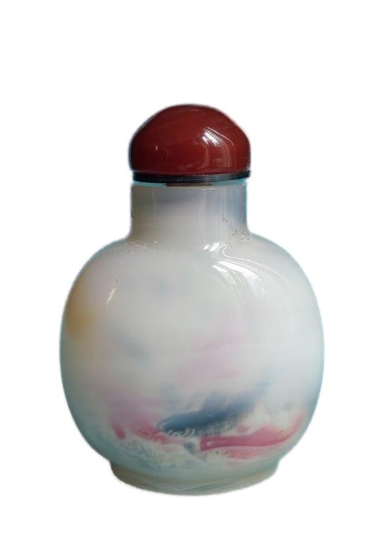 CHINESE ANTIQUE INSIDE PAINTED SNUFF BOTTLE WITH IMAGES OF FISH: THIS ITEM H: 2.8 in/7 cm W: 2 in/5 cm D: 1.2 in/3 cm Weight: 79 g. FEATURES 1. A masterpiece of inside painted snuff bottle. The fishes are swimming in the water freely. 2. Symbolizing freedom, love,