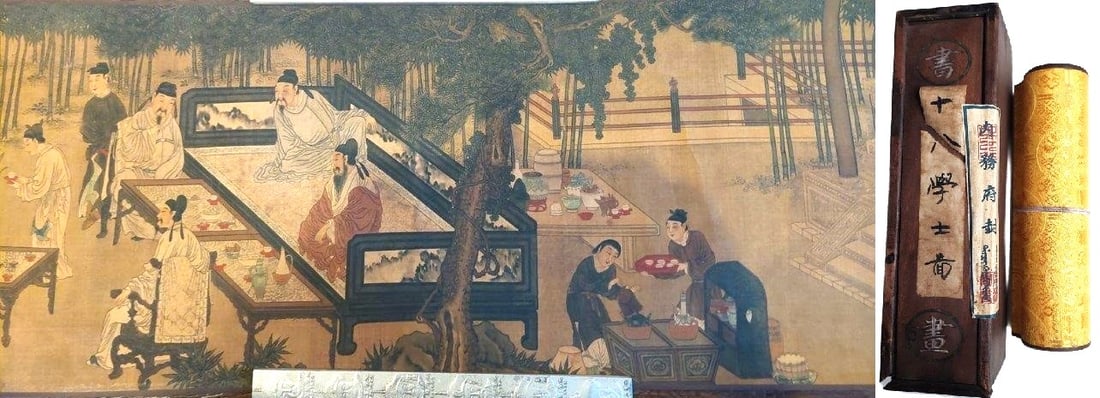 CHINESE VINTAGE PAINTING OF THE PORTRAINS OF EIGHTEEN SCHOLARS: THIS ITEM H/L: 106 in/270 cm W: 9.8 in/25 cm Weight: 293 g, with the wooden box 908 g. FEATURES 1. This a copy of Liu Songnian (1131-1218) famous painting Shi Ba Xue Shi Tu (The Painting of the Eighte