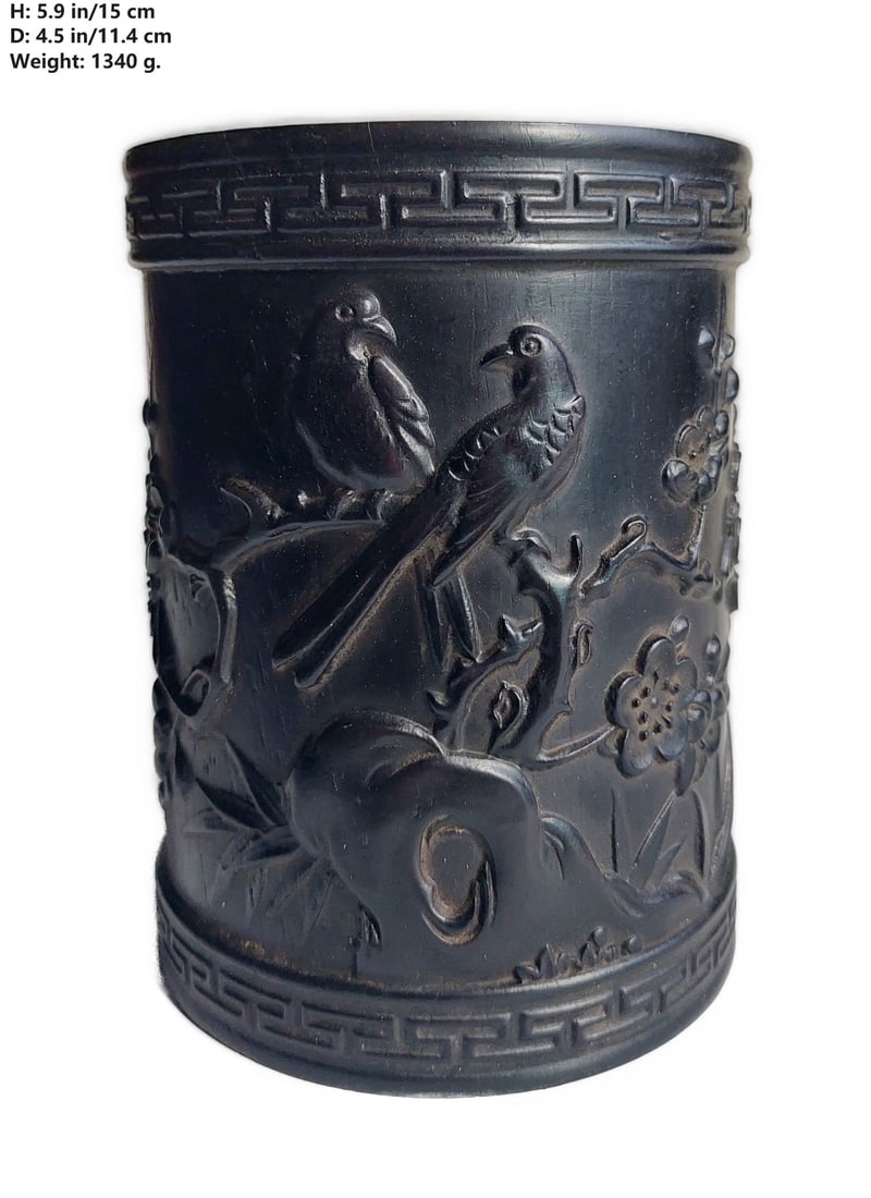 CHINESE ANTIQUE PEN BRUSH POT XI QUE DENG MEI: THIS ITEM H: 5.9 in/15 cm D: 4.5 in/11.4 cm Weight: 1340 g. FEATURES 1. The theme of the carved images: Xi Que Deng Mei: lit. magpie ascends the plum tree (idiom); fig. any Tom, Dick or Harry will fin