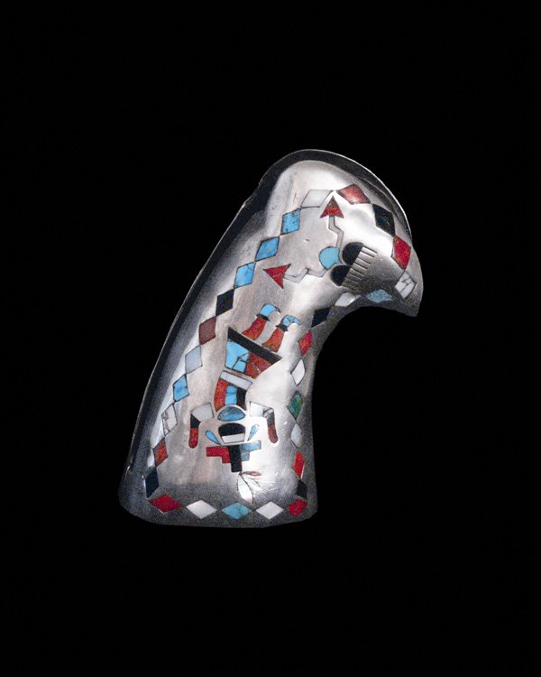 A Zuni silver inlay pistol grip, mid 20th century.