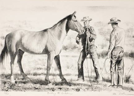 Theodore Van Soelen 1890-1964; Bridling the Bucksk: Theodore Van Soelen 1890-1964; Bridling the Buckskin; Lithograph, edition of 100; 12 1/4 x 19 inches; Signed lower right and titled lower left/stamp
