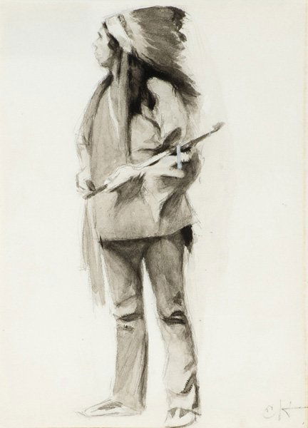Edward Hopper 1882-1967; Indian with Peace Pipe ;: Edward Hopper 1882-1967; Indian with Peace Pipe; Black & White Wash; 11 1/2 x 8 1/4 inches; Initialed lower right