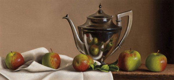 William Acheff b. 1947; Still Life with Apples ;: William Acheff b. 1947; Still Life with Apples; Oil; 6 x 12 inches; Signed lower right and dated 1987