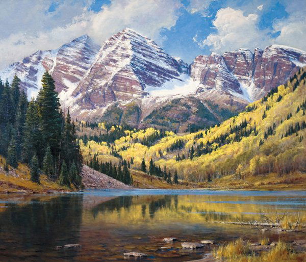 Robert Peters b. 1960; Maroon Bells ; Oil; 48 x: Robert Peters b. 1960; Maroon Bells; Oil; 48 x 56 inches; Signed lower right