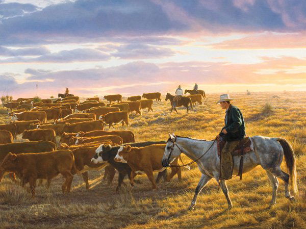 Tim Cox b. 1957; Bringin' Em In ; Oil; 30 x 40 i: Tim Cox b. 1957; Bringin' Em In; Oil; 30 x 40 inches; Signed lower left and dated 1997