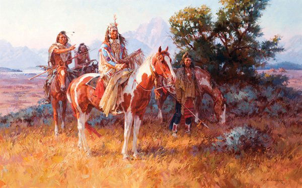 Roy Andersen b. 1930; The Wolves' Advice ; Oil;: Roy Andersen b. 1930; The Wolves' Advice; Oil; 30 x 48 inches; Signed lower right/CA and insignia lower left