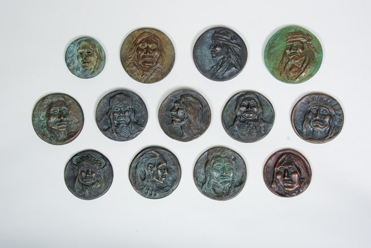 Joe Beeler, "Set of thirteen Medallions / Peace Metals": Bronze, Approximately 3 1/2 inches round (varies slightly) (Shipping Dimensions: 3.5x3.5 inches; Qty 13) 12 "from Eddie Basha" inscribed on verso of each; 1 "thanks Kay & Jerry Lance Gilcrease Museum 