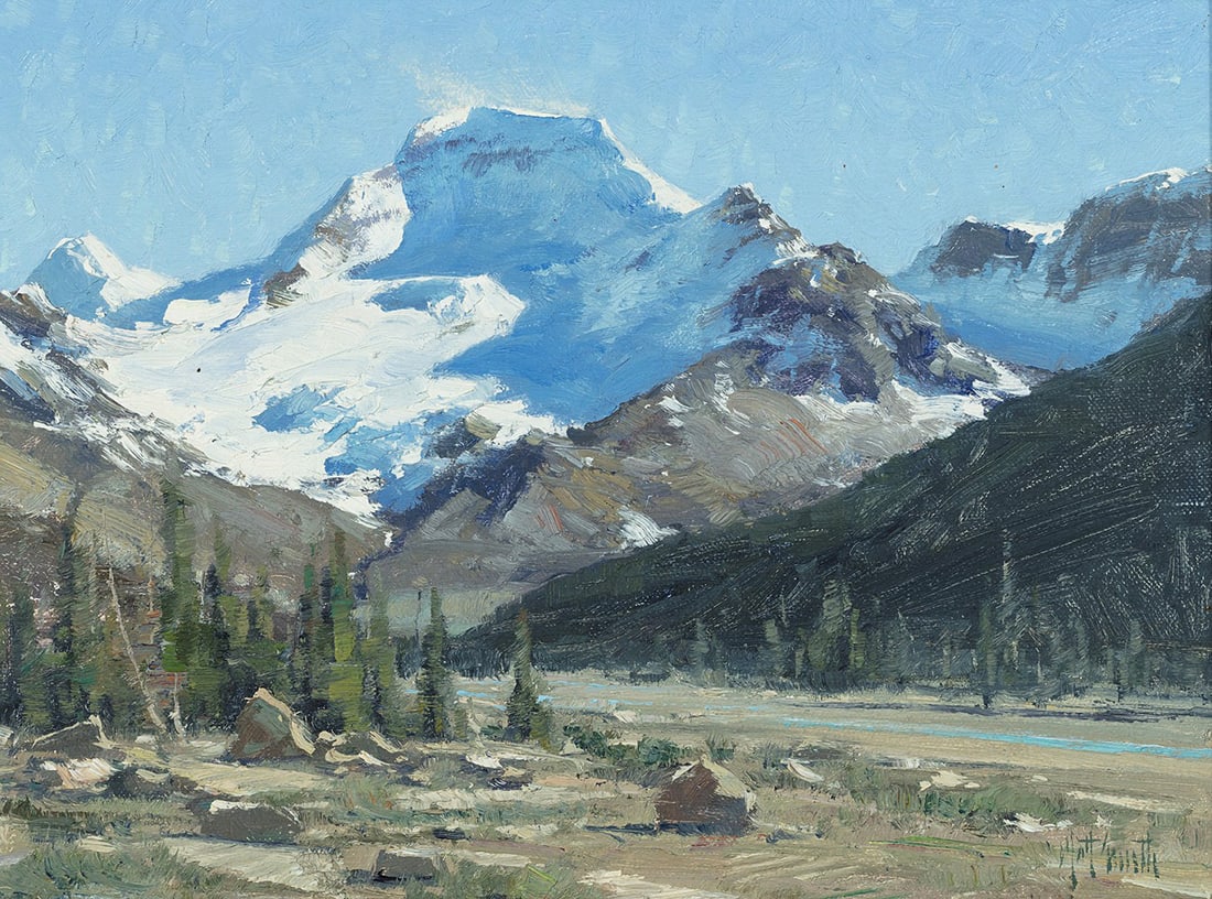 Matt Smith, "Mount Athabasca": Oil on board, 9 x 12 inches (Shipping Dimensions: 13x16 inches) Signed and titled verso