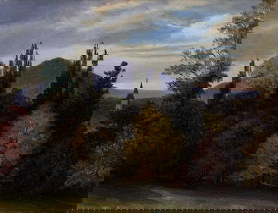Albert Bierstadt, "Near the Hudson": Oil on canvas, 9 x 12 inches (Shipping Dimensions: 16x19 inches)