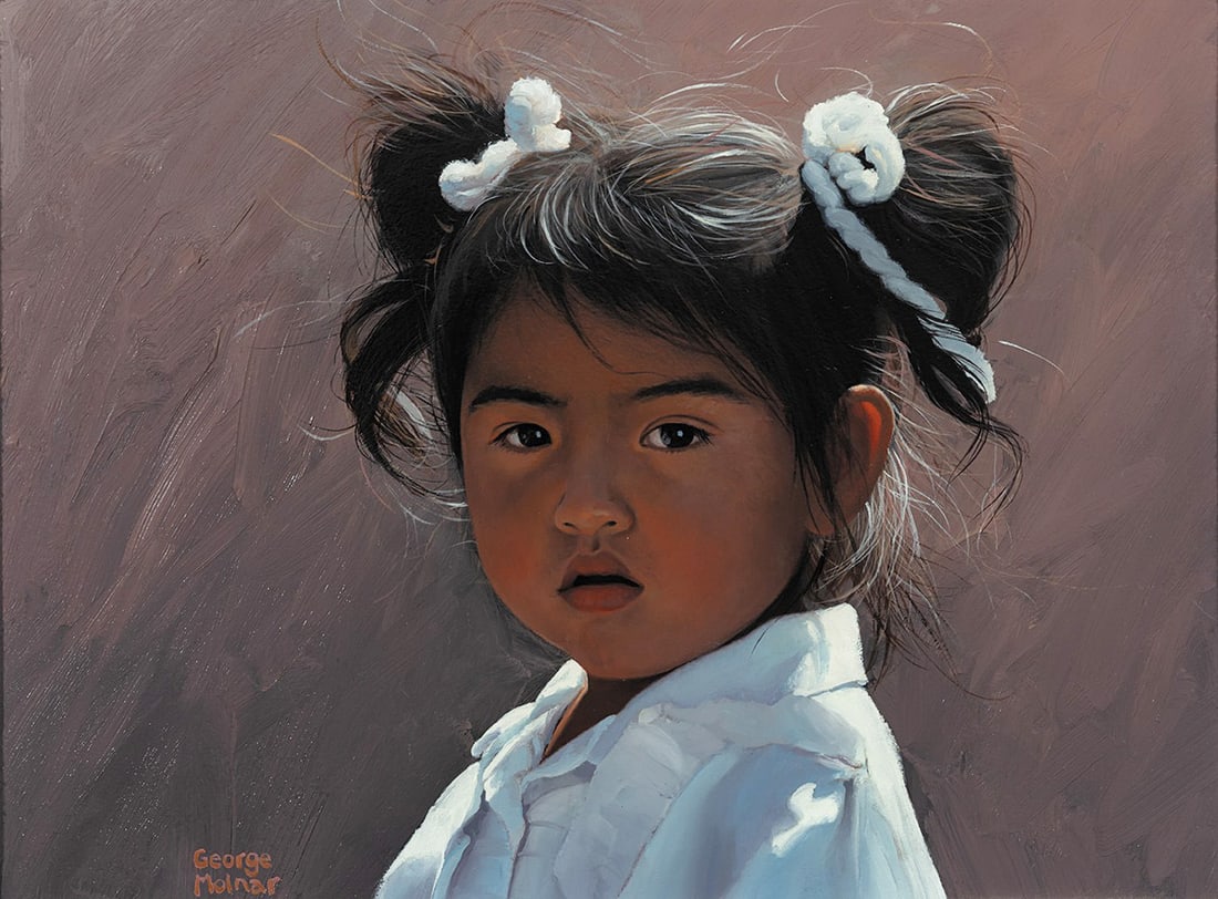 George Molnar, "Navajo Tyke in White": Oil on board, 9 x 12 inches (Shipping Dimensions: 16x19 inches) Signed and titled verso