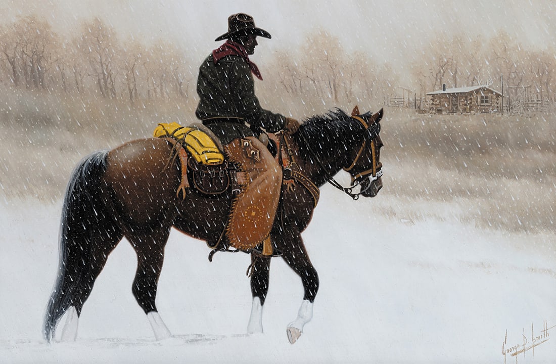 George D. Smith, "A Welcome Sight": Oil on board, 12 x 18 inches (Shipping Dimensions: 20x26 inches) Signed, titled and dated 2002 "Wapiti Valley, WY, USA" verso