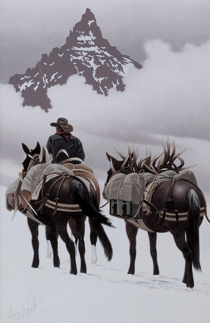 George D. Smith, "The Horn Hunter": Oil on board, 18 x 12 inches (Shipping Dimensions: 27x21 inches) Signed, titled and dated 2000 Pilot Peak, WYO verso