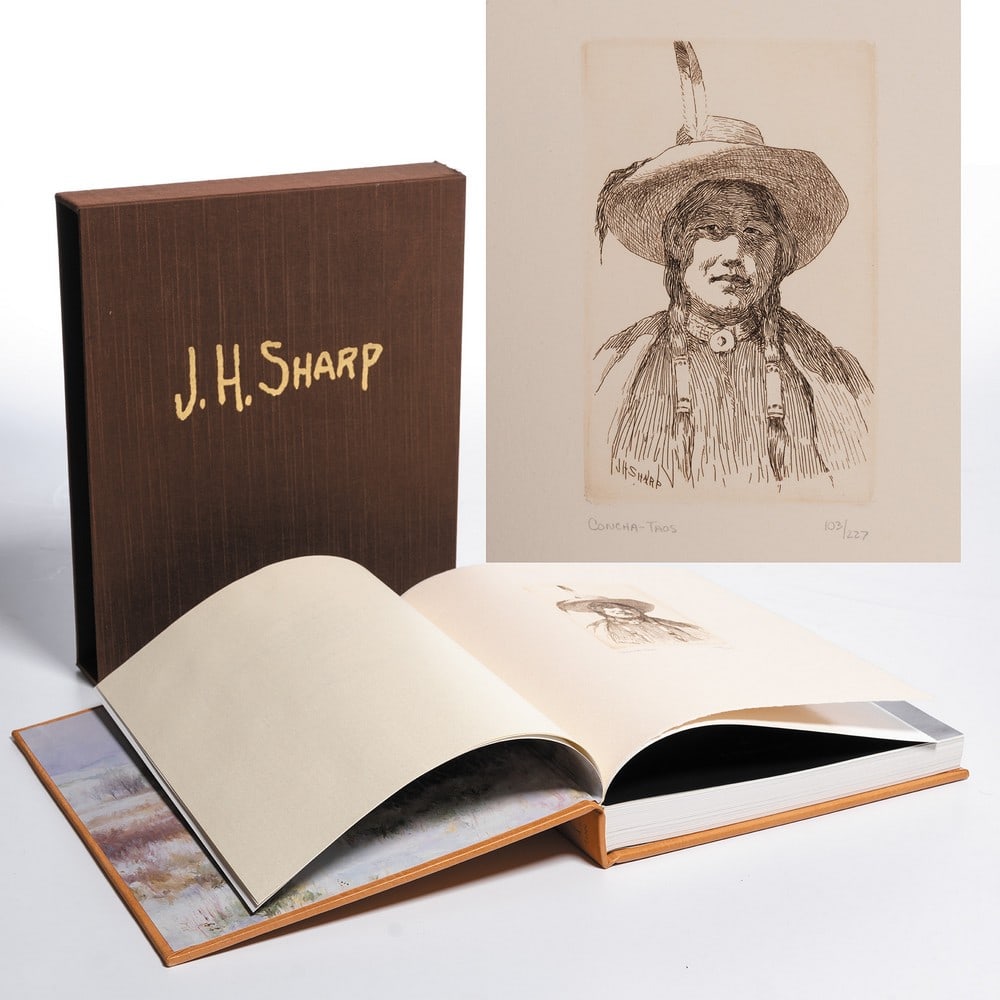 Joseph Henry Sharp, "Concha-Taos": Book with etching, 103/227, 5 x 3 1/4 inches (Shipping Dimensions: 12.5x10x2 inches - 10 lbs.) Etching bound into Special Edition 46/100 of Teepee Smoke A New Look Into the Life and Work of Joseph Hen