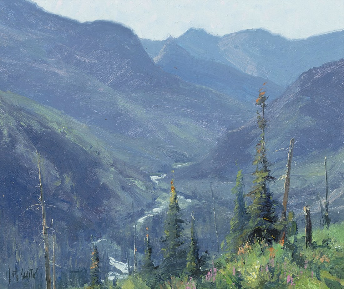 Matt Smith, "The View From Logan's Pass": Oil on board, 10 x 12 inches (Shipping Dimensions: 14x16 inches) Signed, titled and dated August 12, 2002 verso