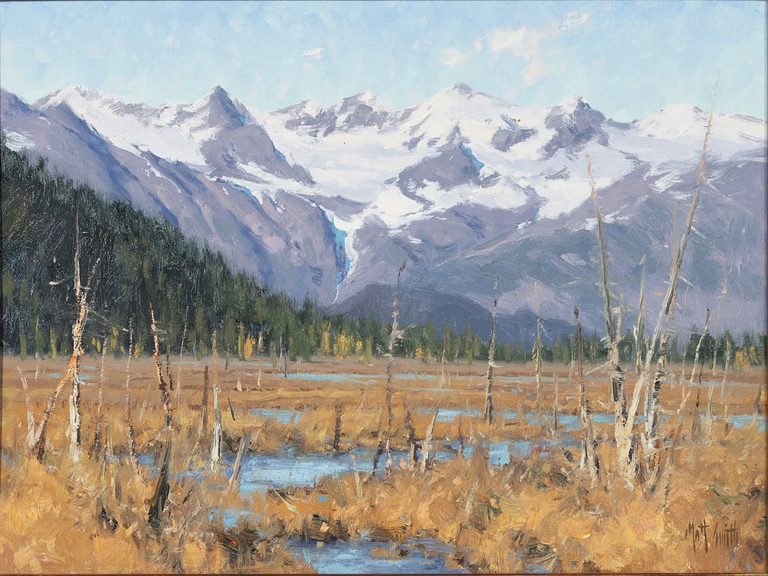 Matt Smith, "Evening on the Chogach": Oil on board, 12 x 16 inches (Shipping Dimensions: 16x21 inches) Signed, titled and dated 2007 verso