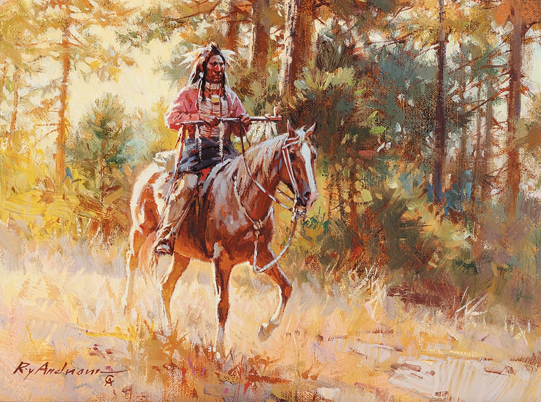 Roy Andersen, "The Pipe Bearer": Oil on canvas, 9 x 12 inches (Shipping Dimensions: 19x22 inches)