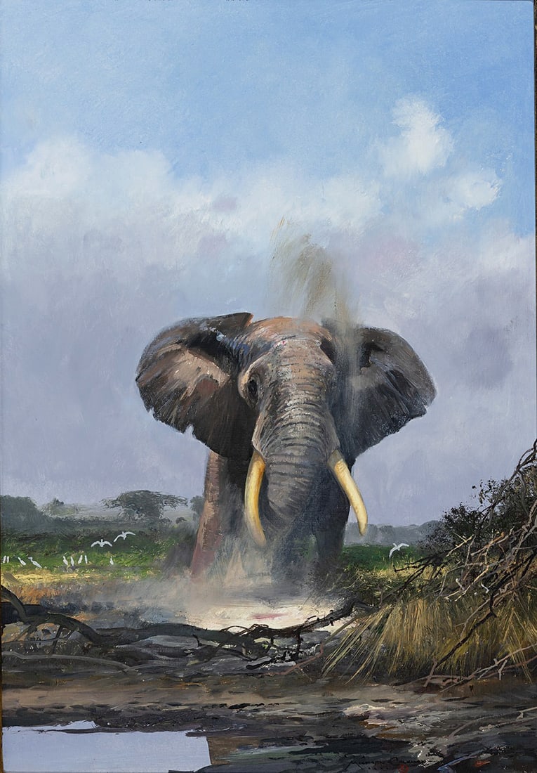 Michael Coleman, "Bull Elephant": Oil on board, 20 x 14 inches (Shipping Dimensions: 30x24x3 inches)