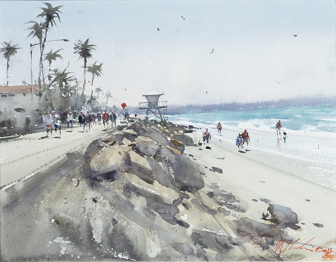 Joseph Zbukvic, "Oceanside Beach": Watercolor, 11 1/2 x 15 inches (Shipping Dimensions: 21x24 inches)