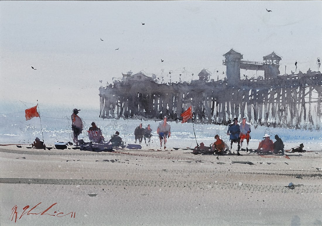 Joseph Zbukvic, "Oceanside Pier": Watercolor, 9 1/2 x 13 inches (Shipping Dimensions: 18x22 inches)