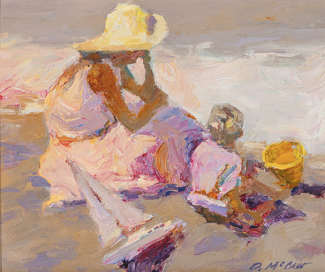 Dan McCaw, "Mother and Son on Beach": Oil on board, 10 x 12 inches (Shipping Dimensions: 19x21 inches)