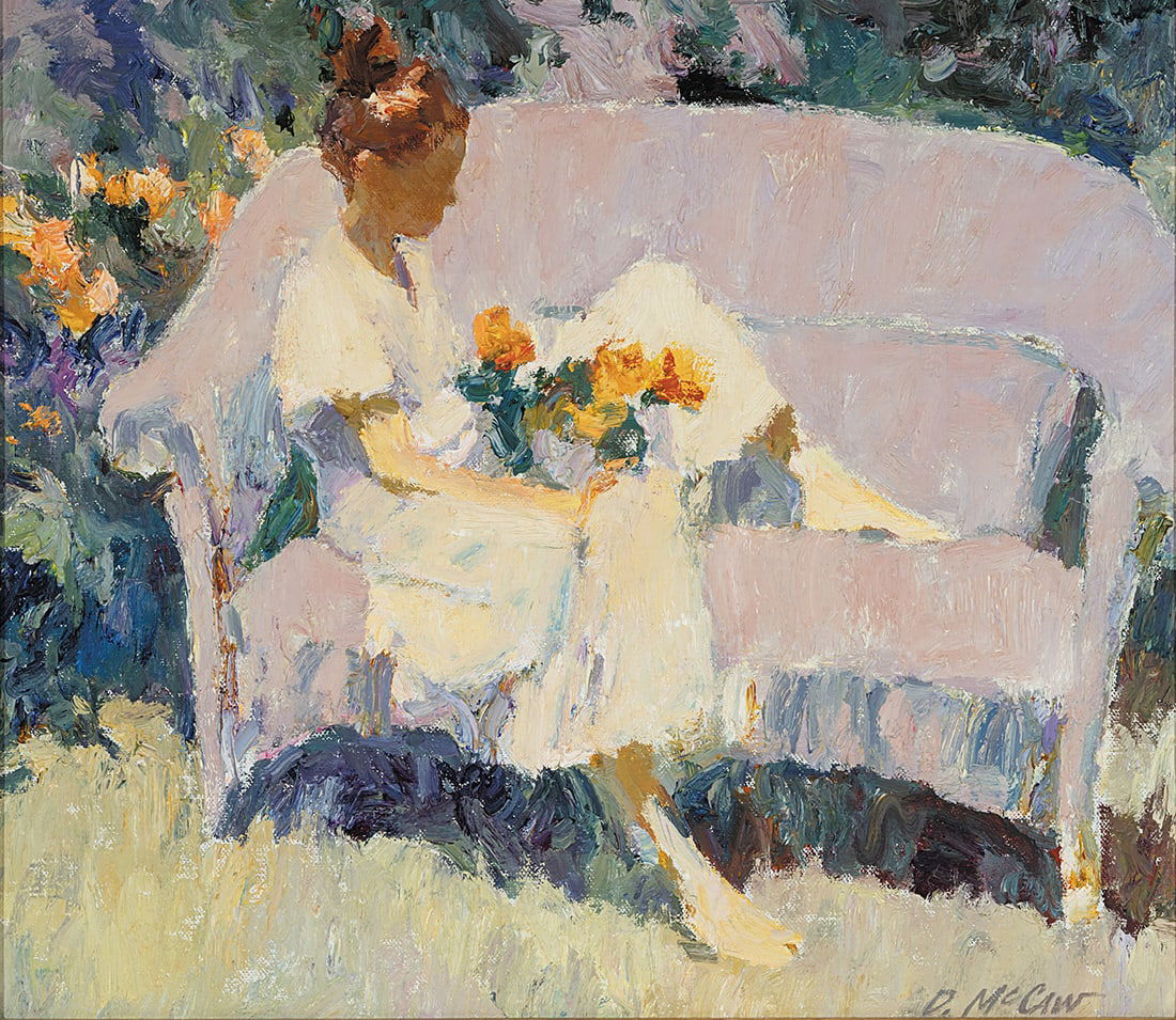 Dan McCaw, "Girl Sitting on Couch": Oil on board, 14 x 16 inches (Shipping Dimensions: 23x25 inches)