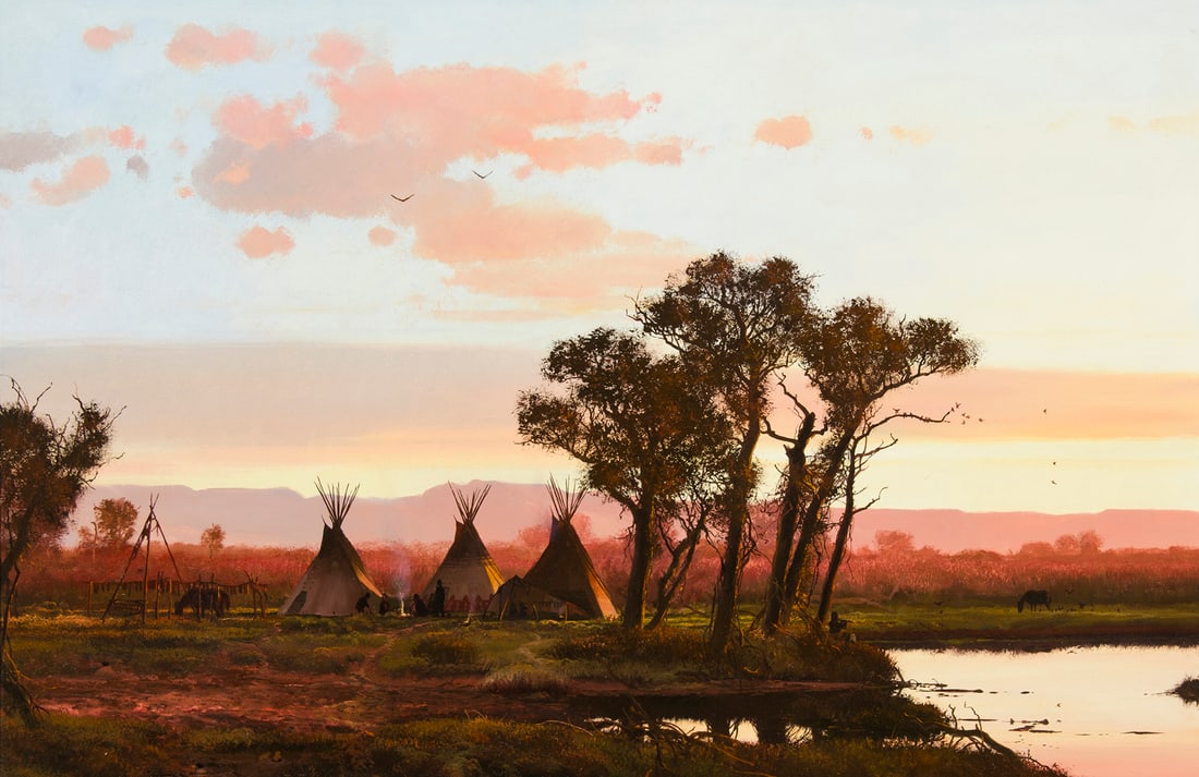 Michael Coleman, "Sunset Encampment": Michael Coleman (b. 1946), "Sunset Encampment", Oil on board, 24 x 36 inches, Shipping Dimensions: 35 x 47 x 3 inches Signed lower left Provenance: A private collection in Wisconsin, circa 2019