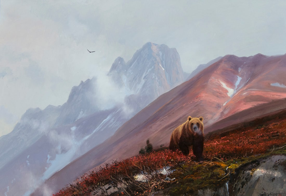 Michael Coleman, "High Range Bear": Michael Coleman (b. 1946), "High Range Bear", Oil on board, 14 x 20 inches, Shipping Dimensions: 21 x 27 x 3 inches Signed lower right
