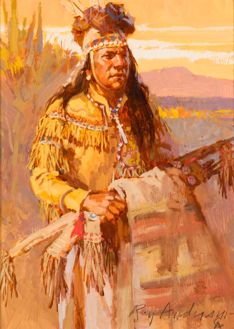 Roy Andersen, "Mescalero Apache": Roy Andersen (1930-2019), "Mescalero Apache", Oil on board, 7 x 5 inches, Shipping Dimensions: 10.5 x 8.5 inches Signed lower right