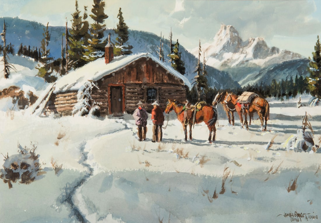 James Boren, "Winter in the Bighorns": James Boren (1921-1990), "Winter in the Bighorns", Watercolor, 9 x 13 inches, Shipping Dimensions: 17 x 21 x 3 inches Signed/CA/NAWA and dated 1988 lower right