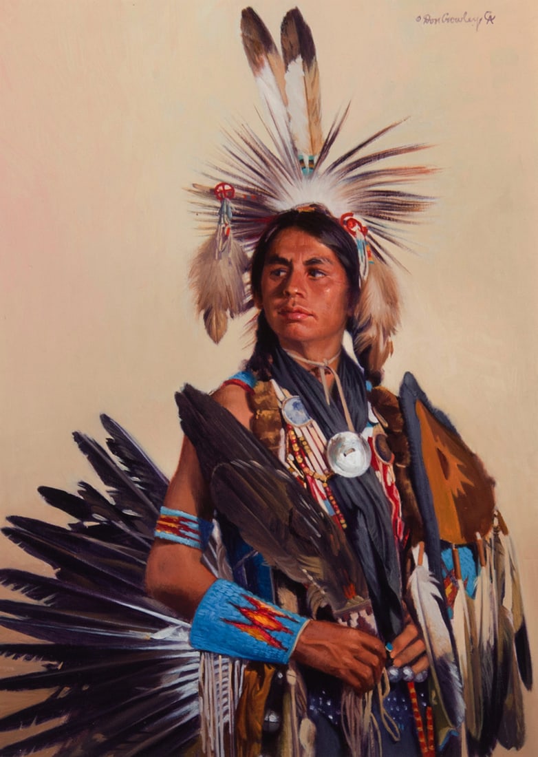 Don Crowley, "Shoshone War Dancer": Don Crowley (1926-2019), "Shoshone War Dancer", Oil on canvas, 12 x 9 inches, Shipping Dimensions: 22 x 19 x 3 inches Signed/CA upper right Signed/ CA and titled