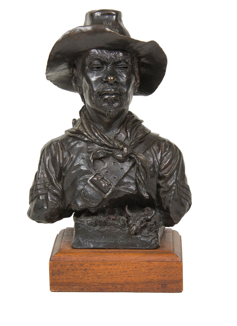 Robert Summers, "Buffalo Soldier": Robert Summers (b. 1940), "Buffalo Soldier", Bronze, cast 0/30, 12 inches overall height, Shipping Dimensions: 12 x 7 x 5.5 inches - 21 lbs. Signed, titled, and dated 1972 Tenth Calvary 1875 Amel