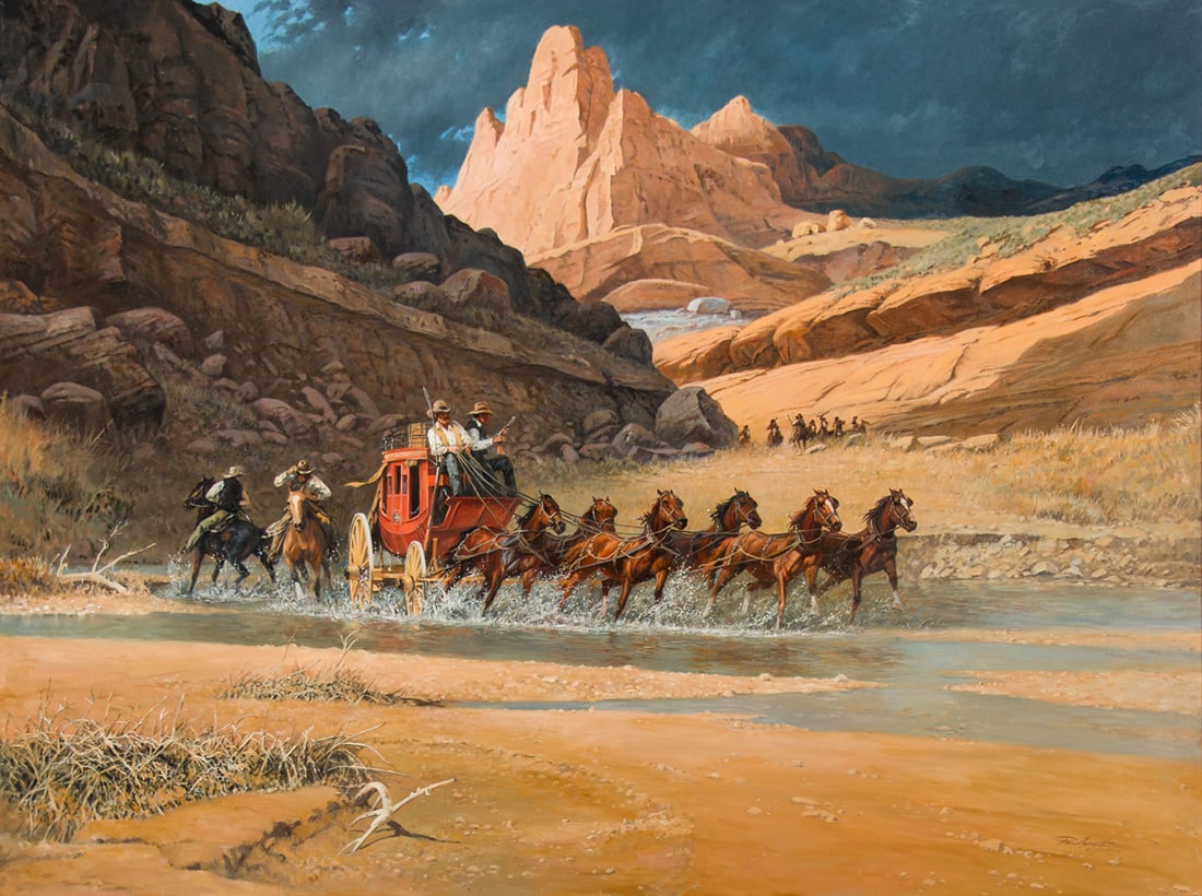 Paul Abram Jr., "Stage Raider Territory": Paul Abram Jr. (1933-2005), "Stage Raider Territory", Oil on board, 30 x 40 inches, Shipping Dimensions: 40 x 50 x 3 inches Signed lower right "Scottsdale"