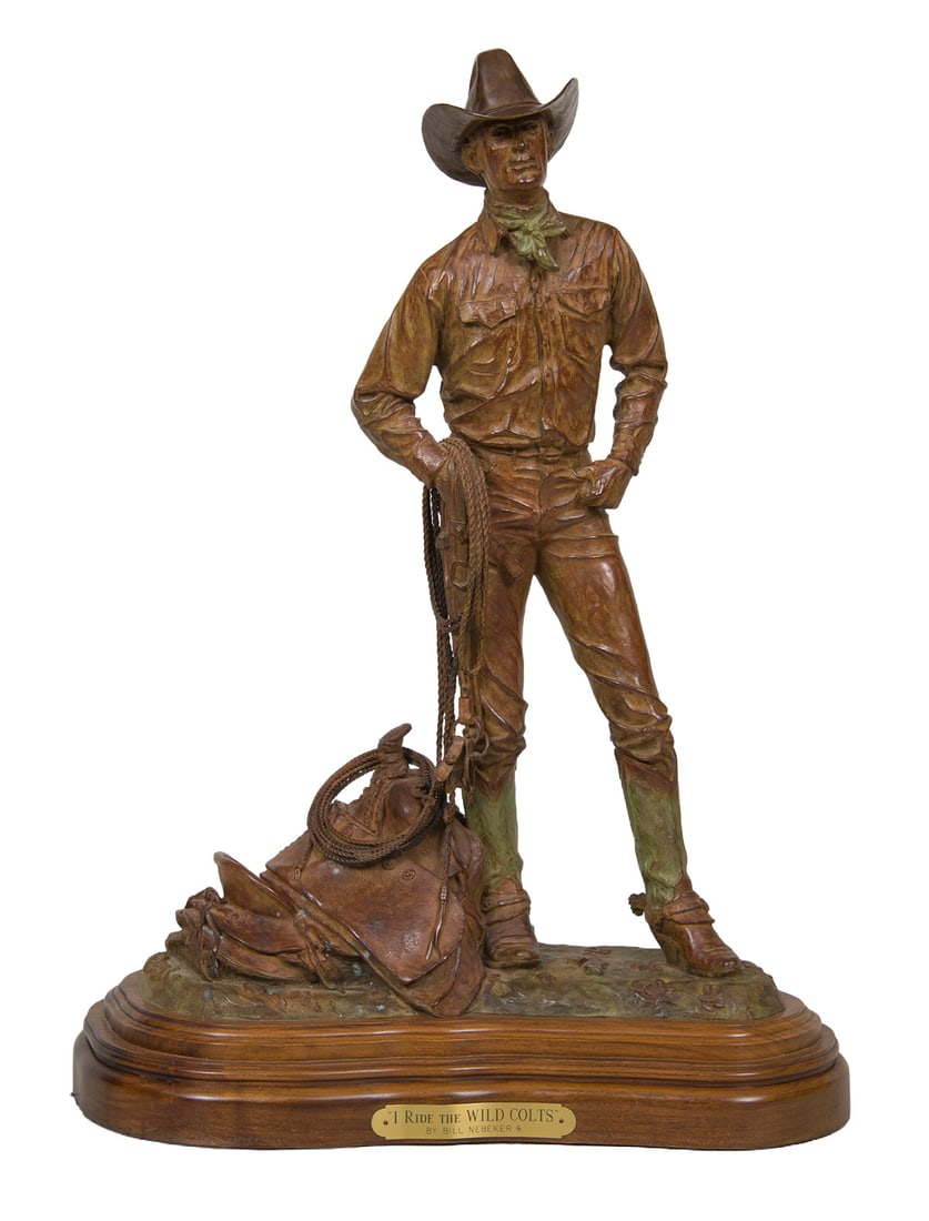 Bill Nebeker, "I Ride the Wild Coats": Bill Nebeker (b. 1942), "I Ride the Wild Coats", Bronze, cast 18/25, 24 inches overall height, Shipping Dimensions: 24 x 17 x 10 inches - 35 lbs. Signed/CA and dated 1992
