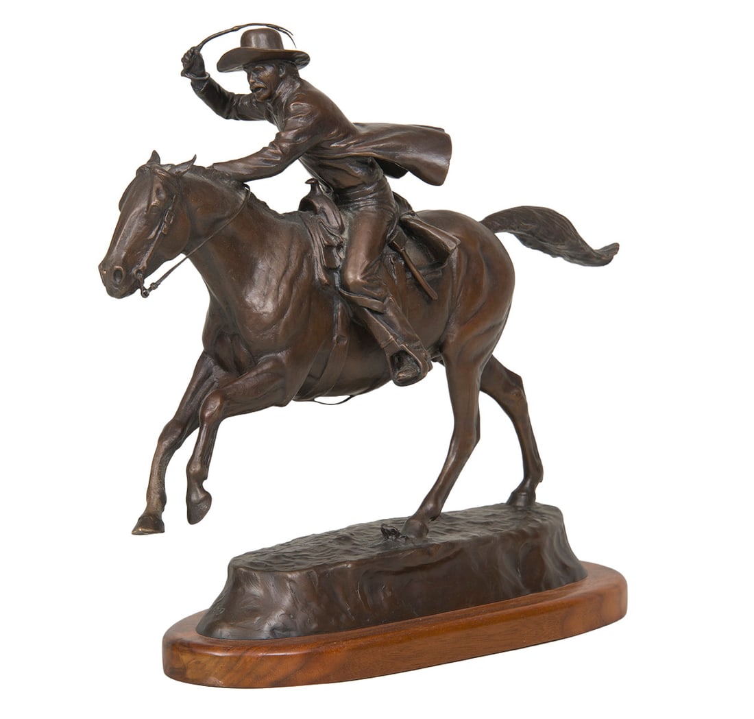 John D. Free, "Oklahoma 89er": John D. Free (1929-2014), "Oklahoma 89er", Bronze, cast 16/89, 14 inches overall height, Shipping Dimensions: 14 x 17 x 7 inches - 20 lbs. Signed, titled, and dated 89 NAWA
